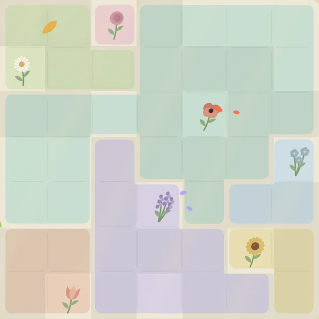 A solved 7×7 garden: one flower in every row, column and bed, none touching