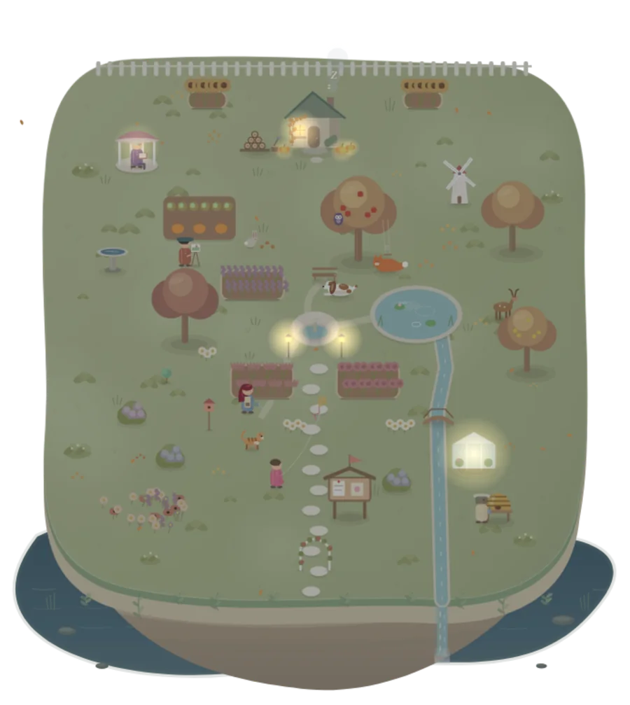 Hanalia's island at night, with lanterns and fireflies