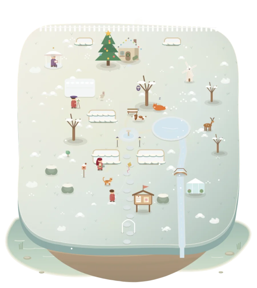 Hanalia's island covered in snow at Christmas