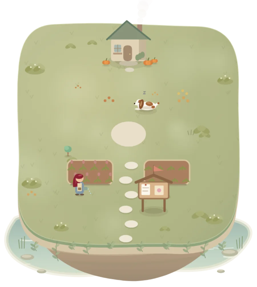 Hanalia's island on day one: grass, a little house and the first flower bed
