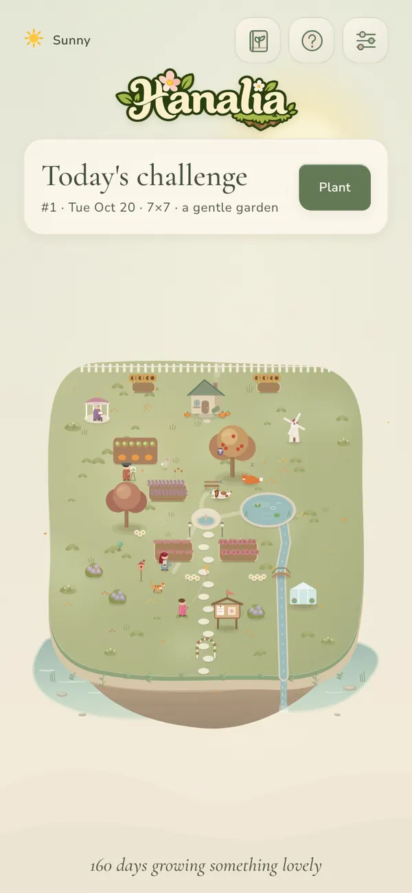 Hanalia's home screen with today's challenge and the island